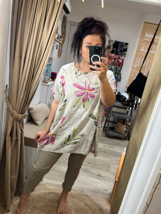 Floral Cotton Top - Beige