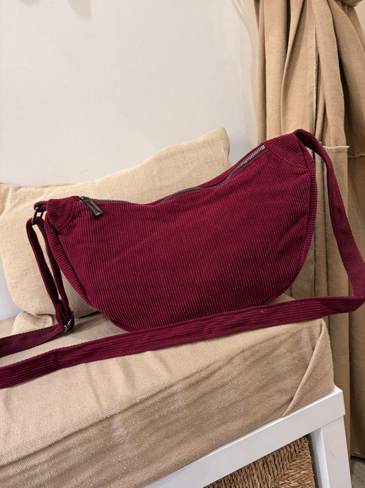 Cord Half Moon Crossbody Bag - Wine