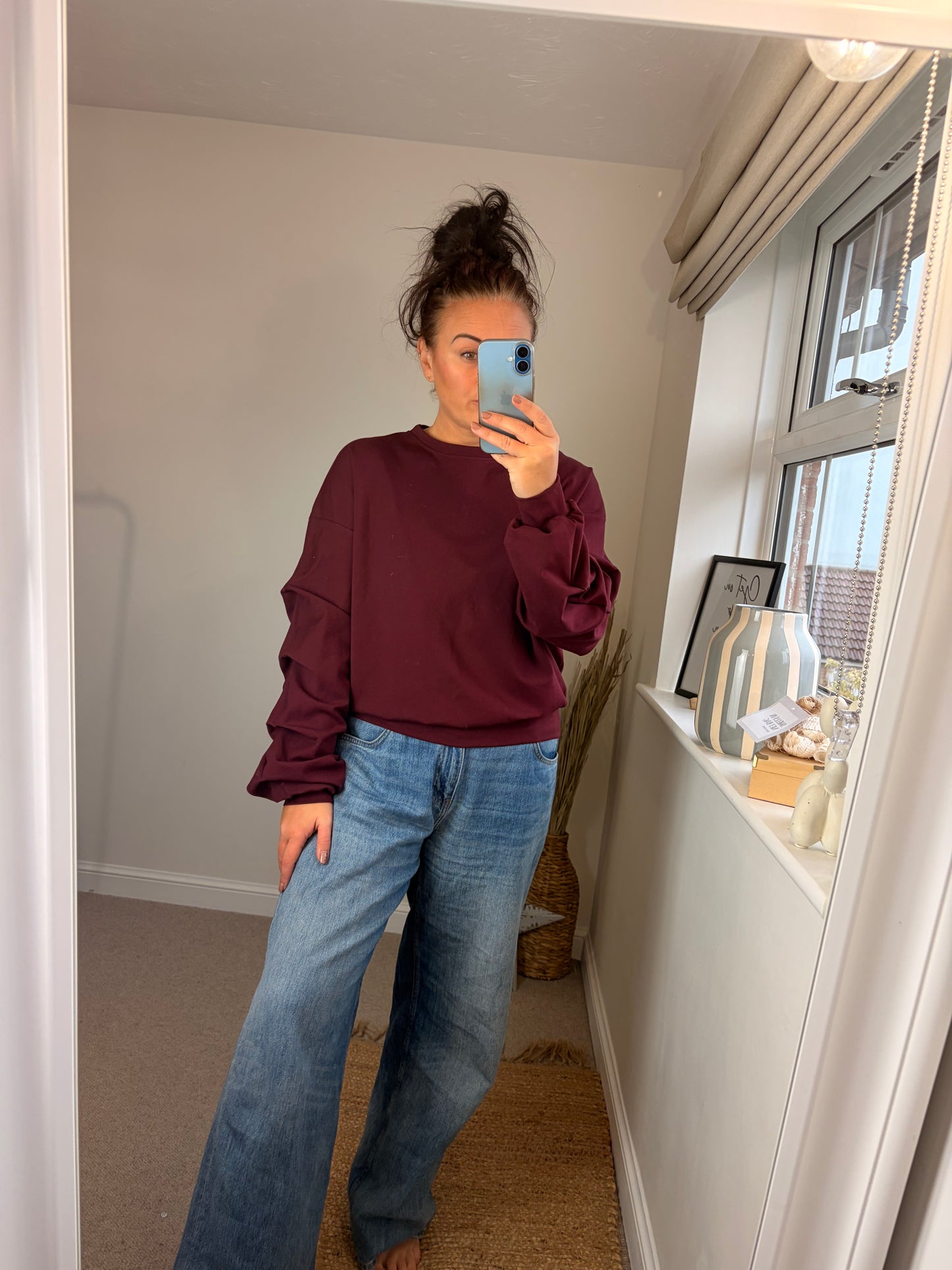Ruched Sleeve Sweatshirt - Wine