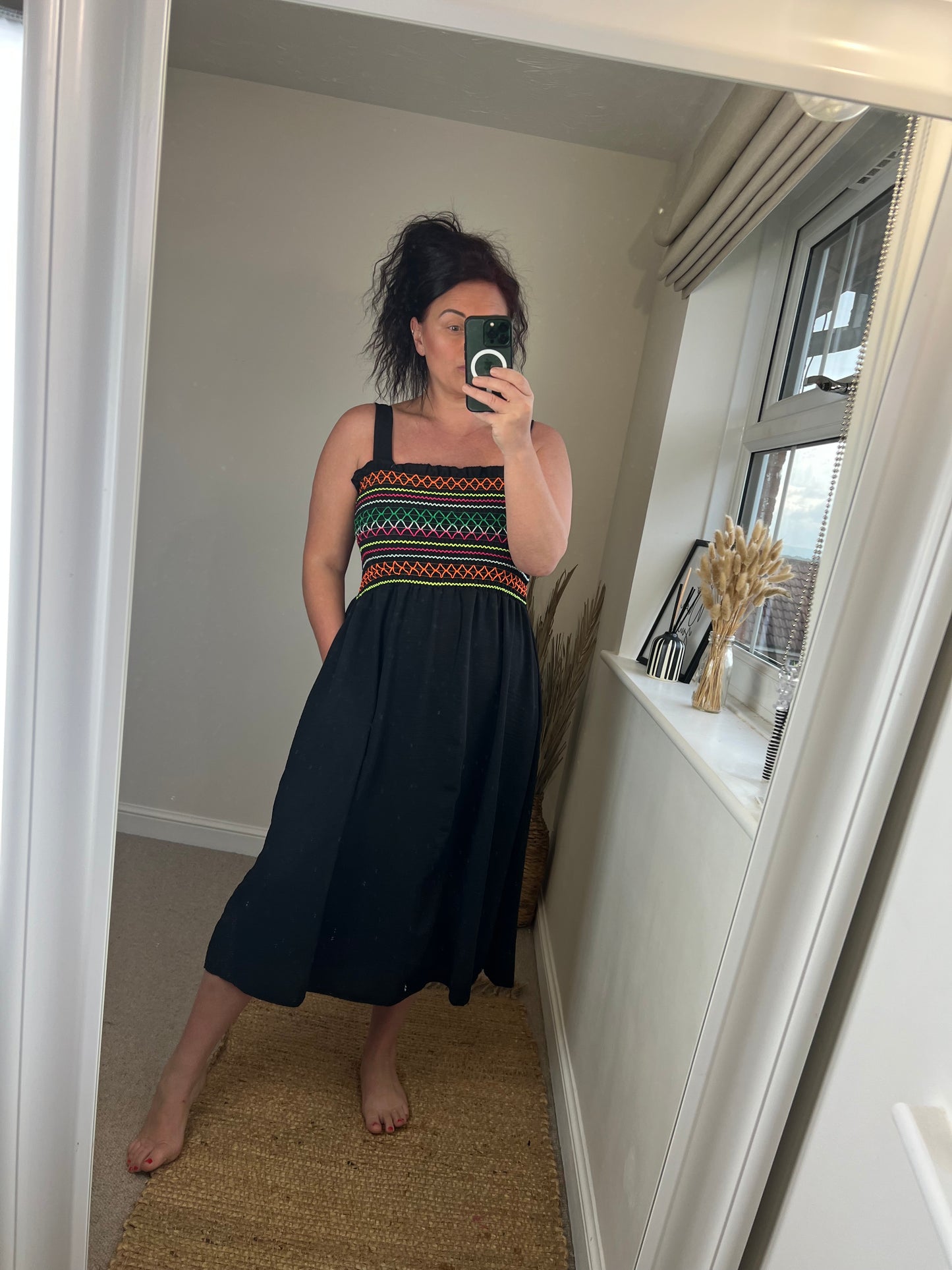 Shirred Bust Midi Dress - Black