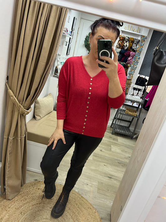 Fine Knit Tiny Button Jumper - Red