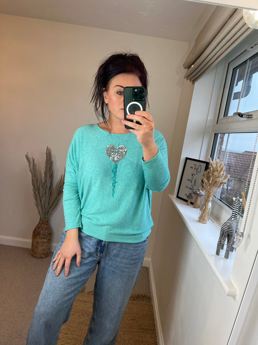 Fine Knit Sequin Heart Jumper - Aqua