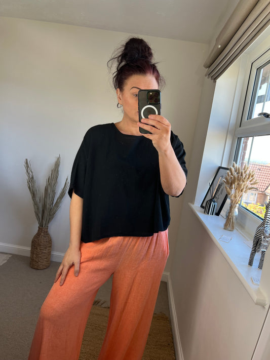 Linen Button Back Top - Black