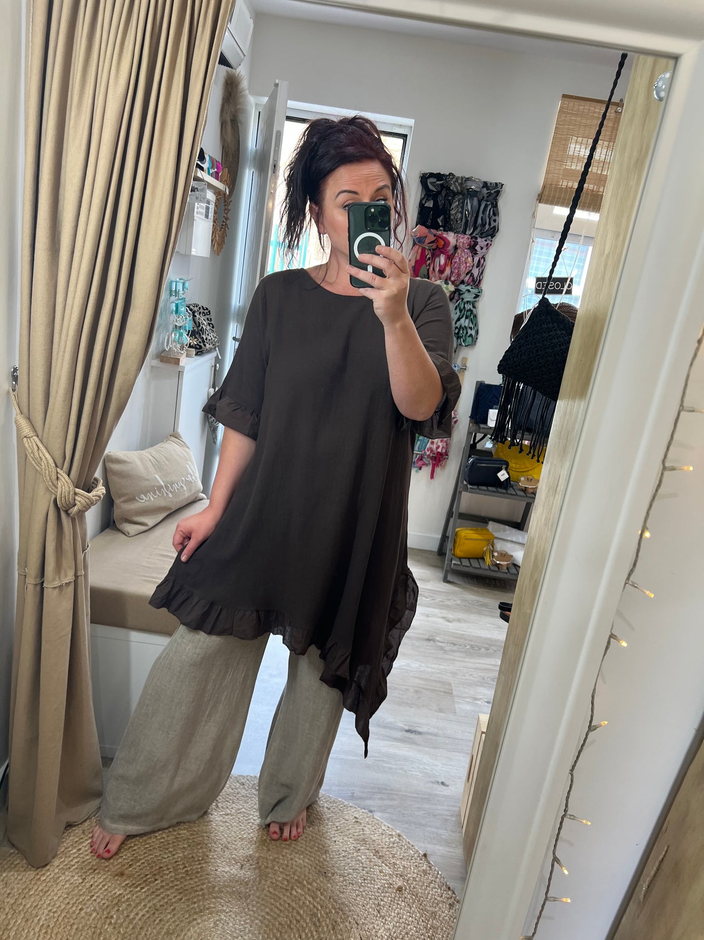 Linen Frill Tunic/Dress - Chocolate