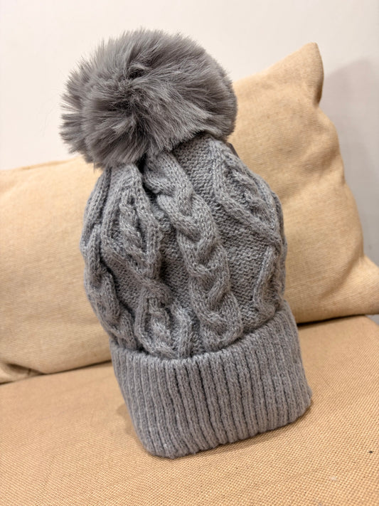 Fleece Lined Pom Pom Hat - Light Grey