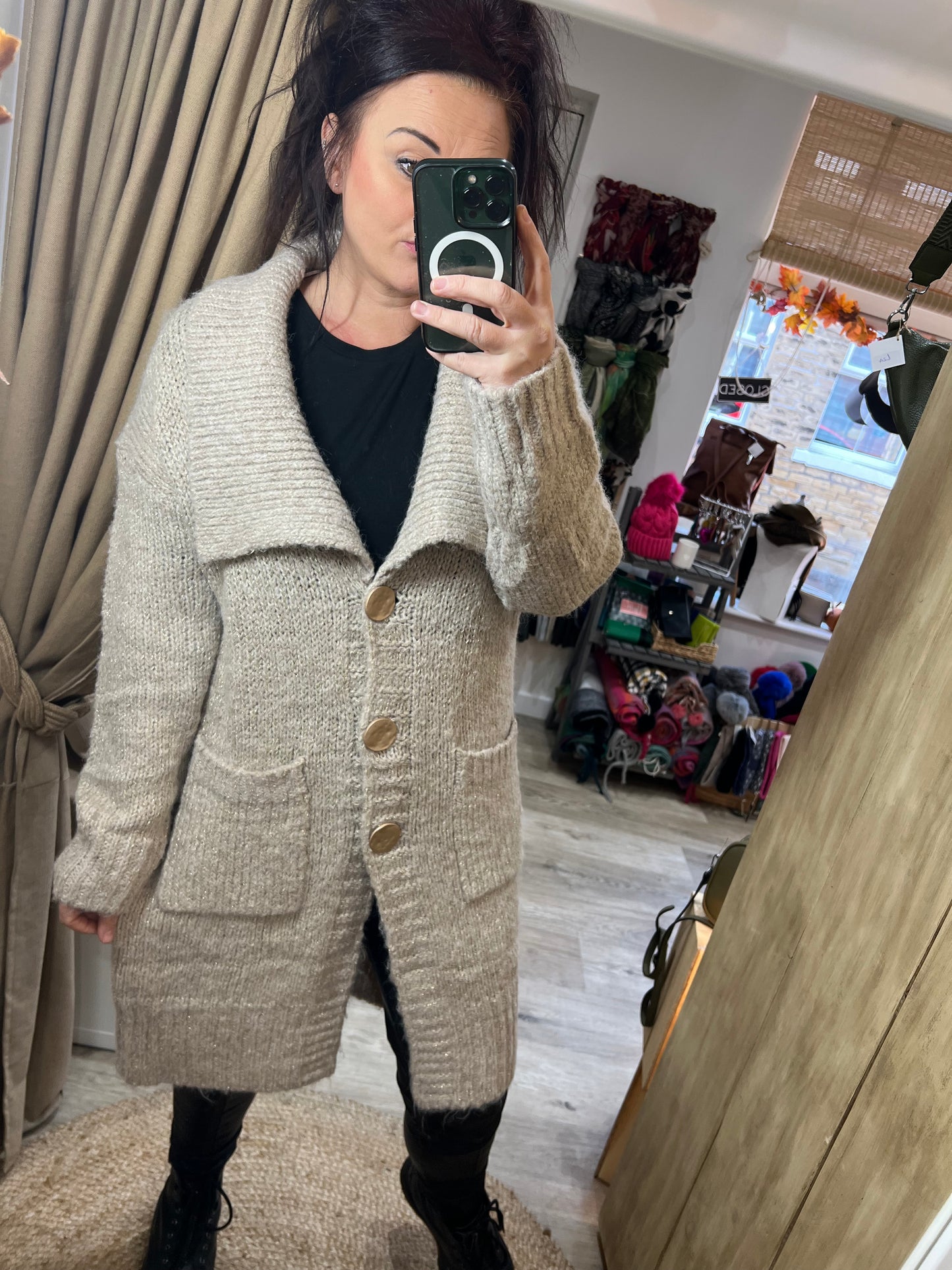 Chunky Knit Long Cardigan - Beige with Gold Flex