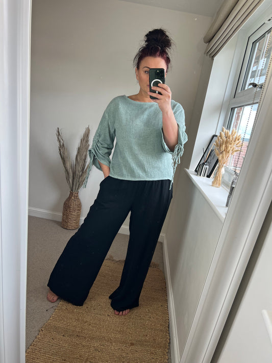 Wide Leg Linen Trousers - Black