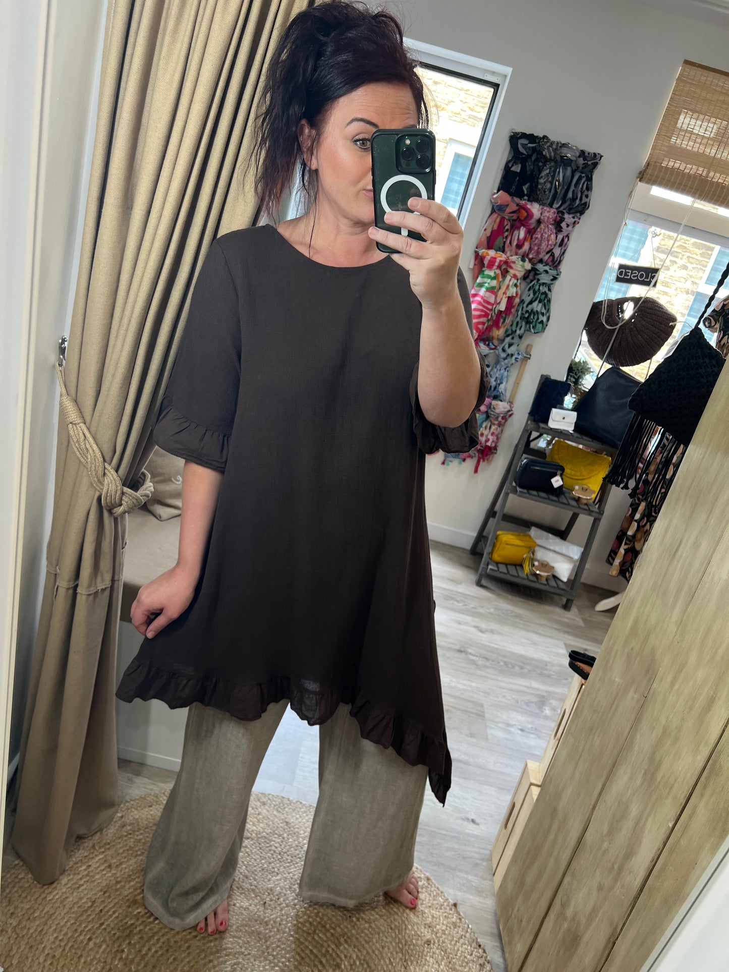 Linen Frill Tunic/Dress - Chocolate