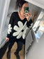 Chunky Knit Flower Jumper - Black