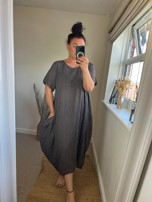 Cotton Stripe Cocoon Dress - Chocolate