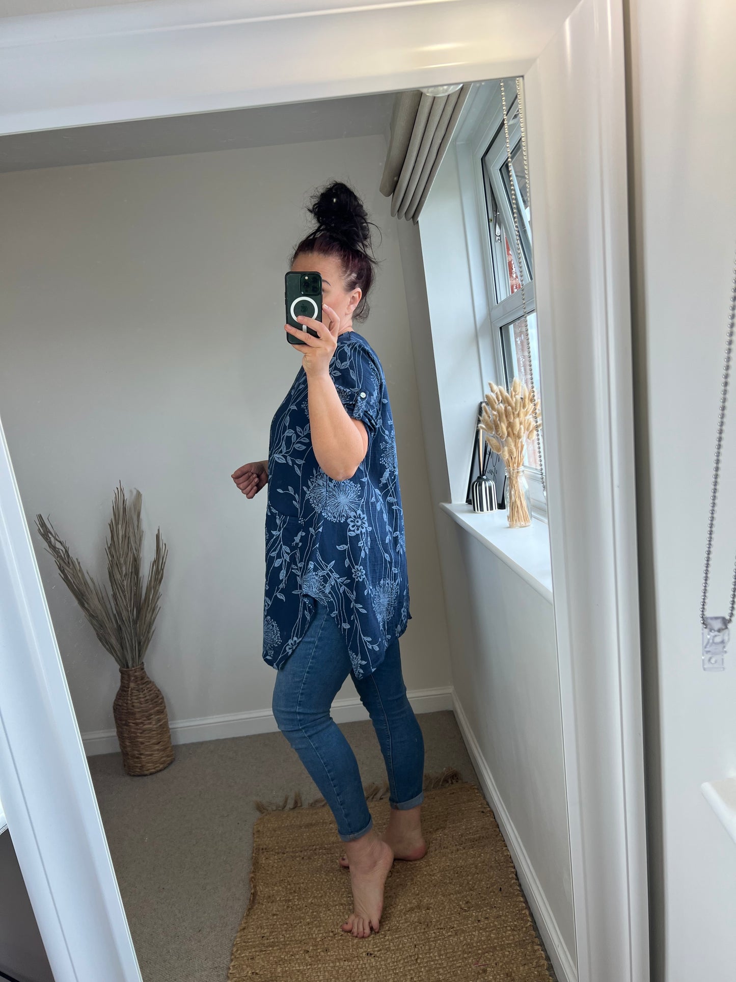 Longline Cotton Floral Top - Navy