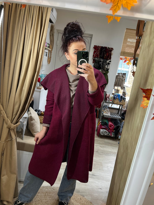 Boiled Wool Waterfall Open Coat - Wine