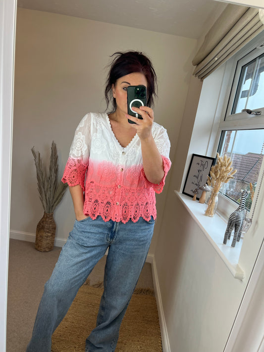 Crochet Lace Two Tone Cardi - Coral