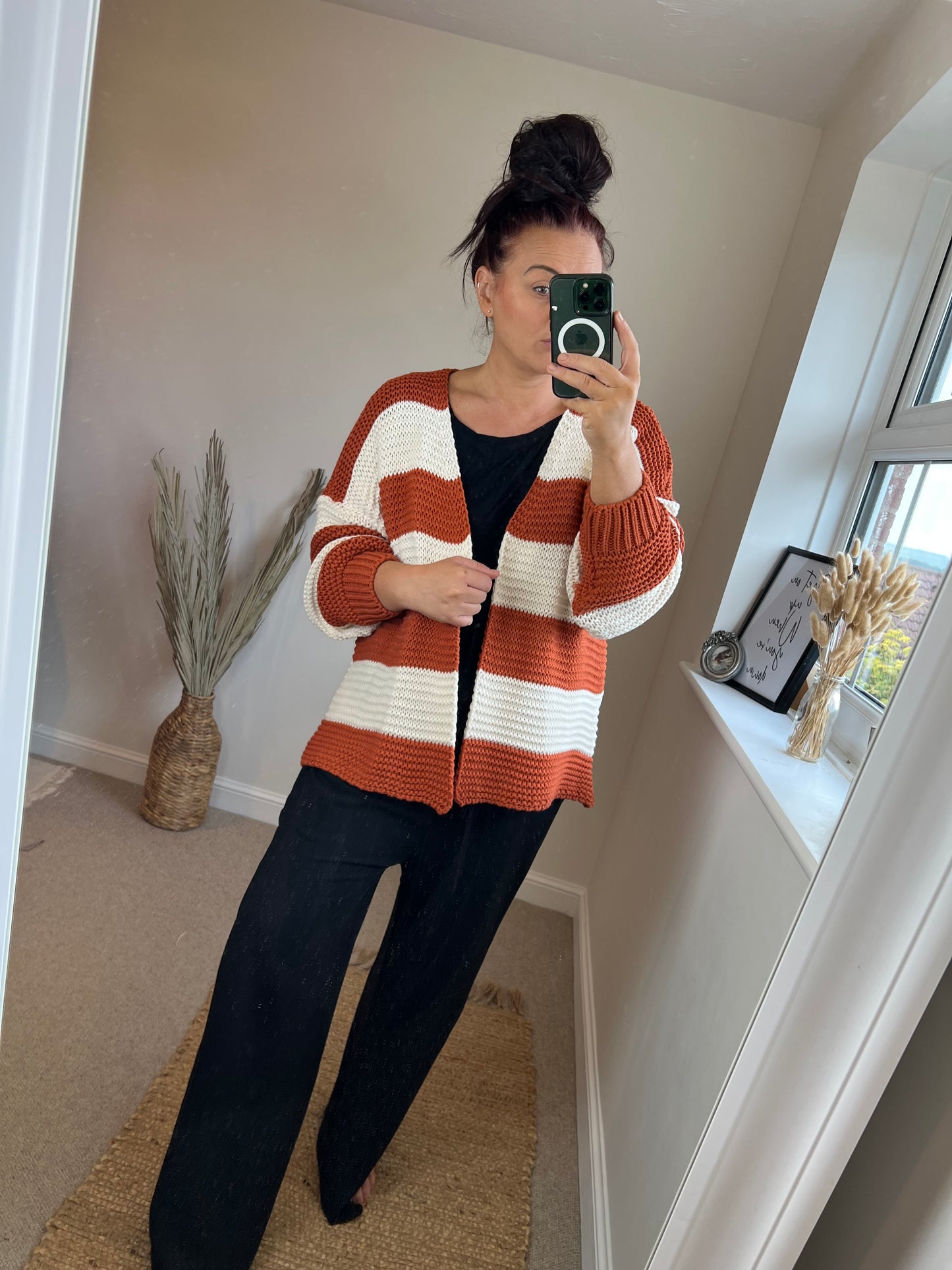 Chunky Knit Stripe Cardigan - Rust/Cream