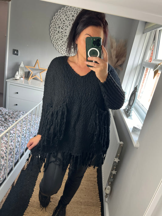 Chunky Knit Tassel Jumper - Black