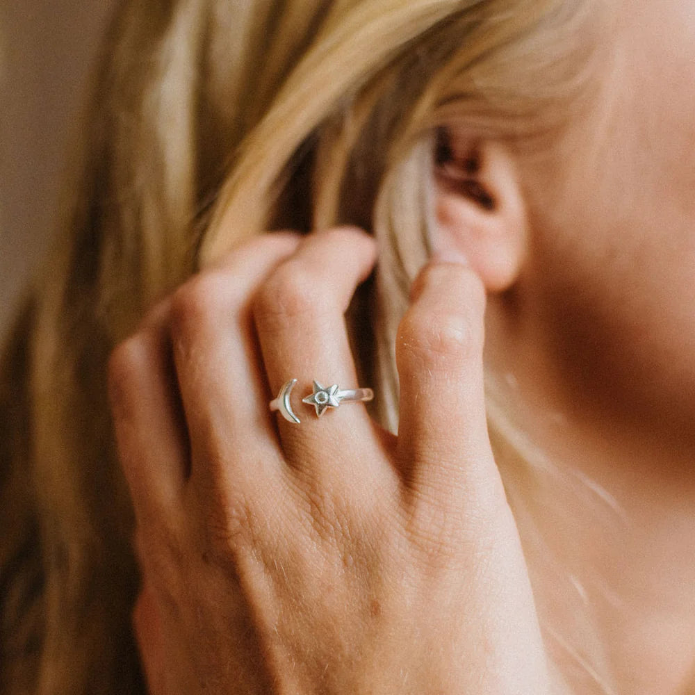 Silver Plated Adjustable Ring - Moon & Star