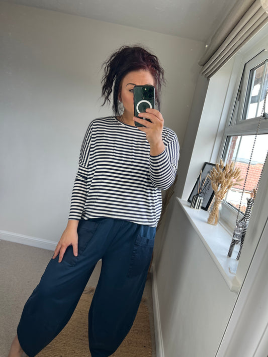 Stretchy Striped Long Sleeve Top - Navy