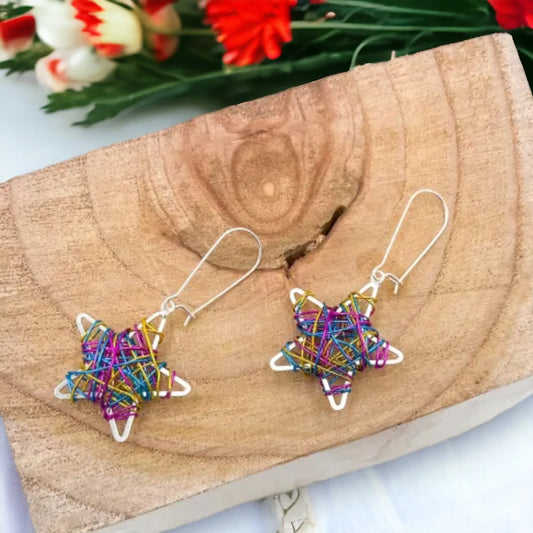 Jess & Lou Silver Plated Coloured Wire Stars Earrings