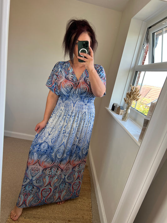 Slinky Mandala Grecian Dress - Cobalt