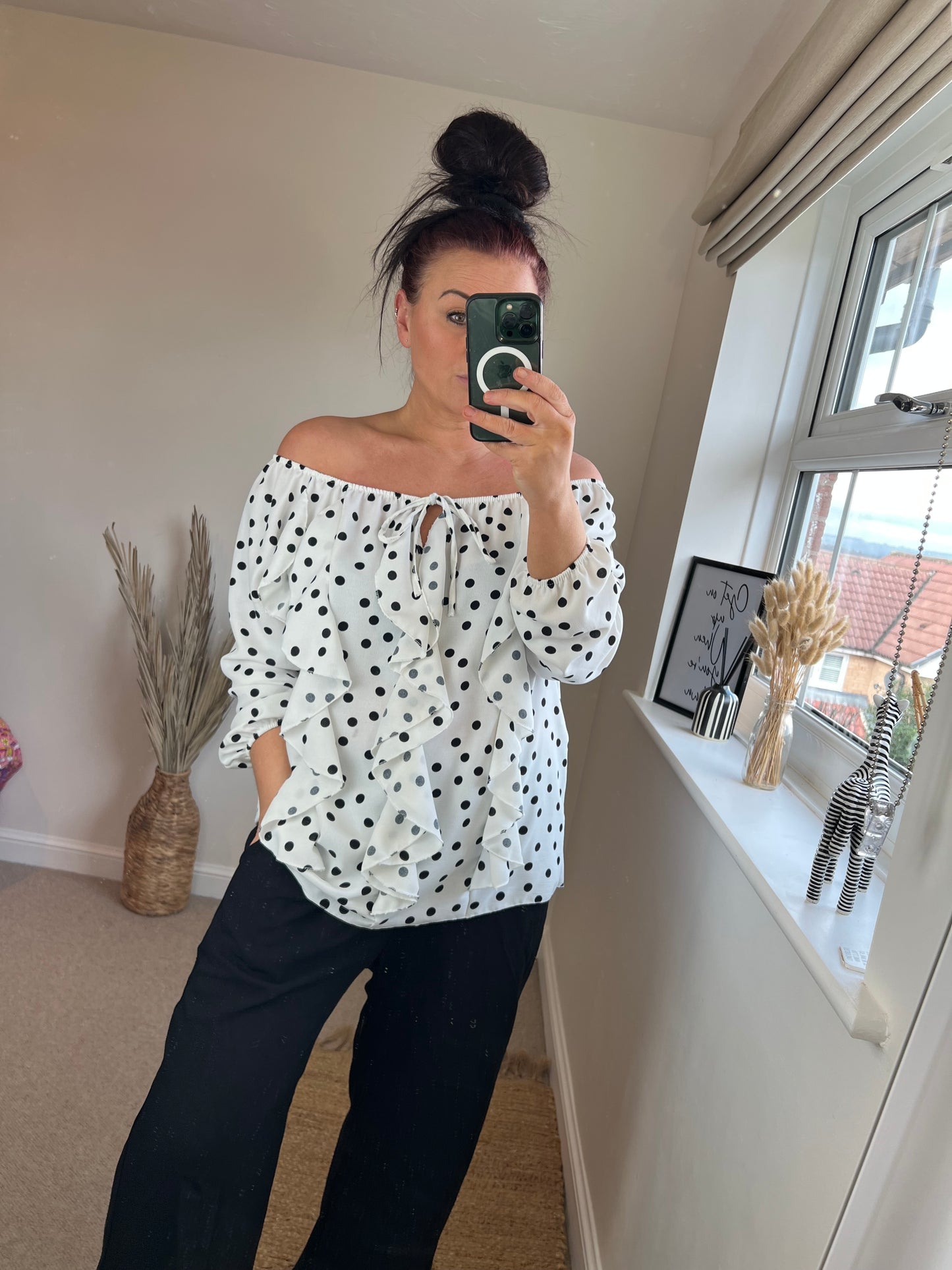 Long Sleeve Frill Spotty Top - White