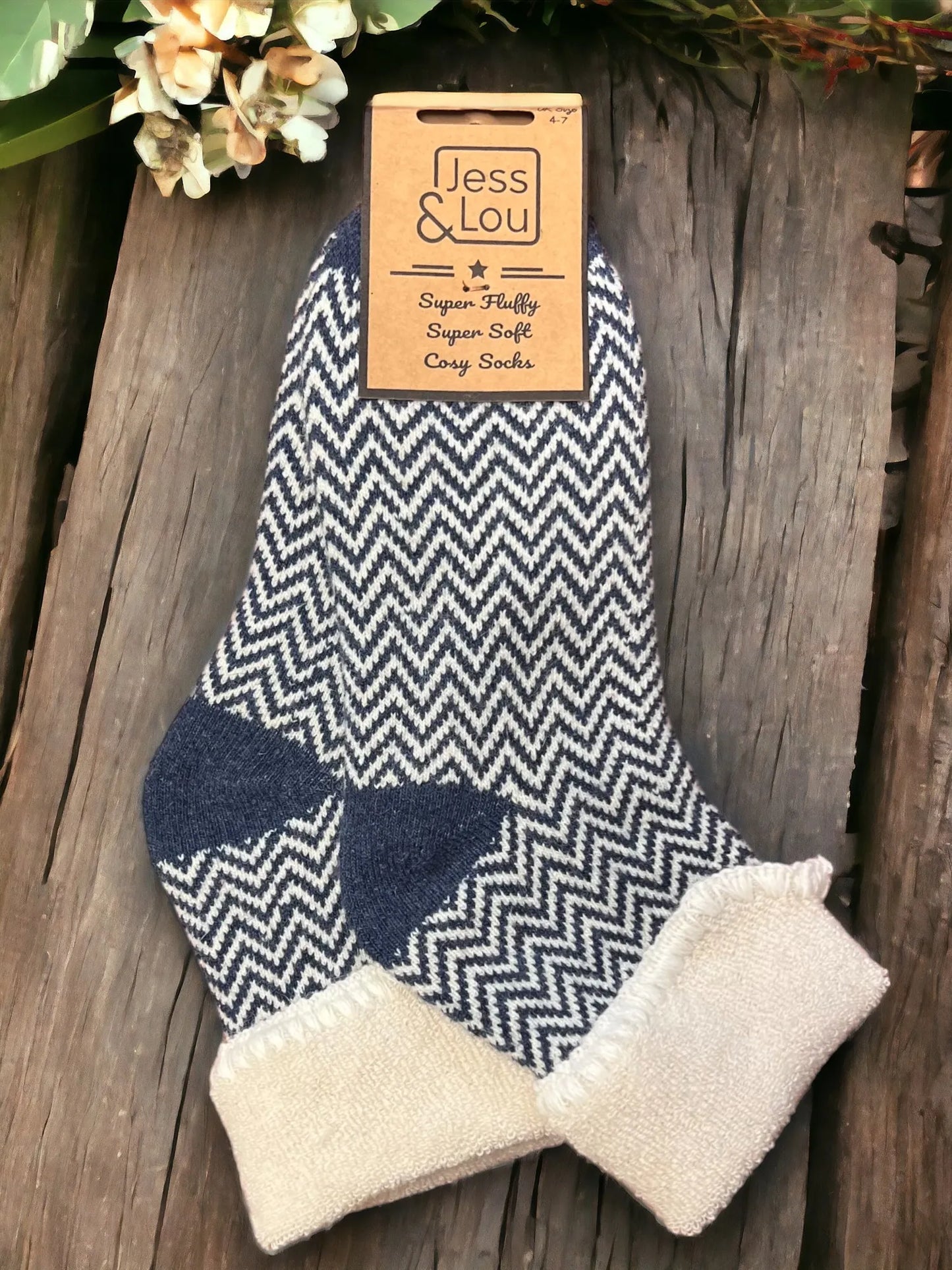 Jess & Lou Cozy Cuff Socks - Happy Herringbone Blue