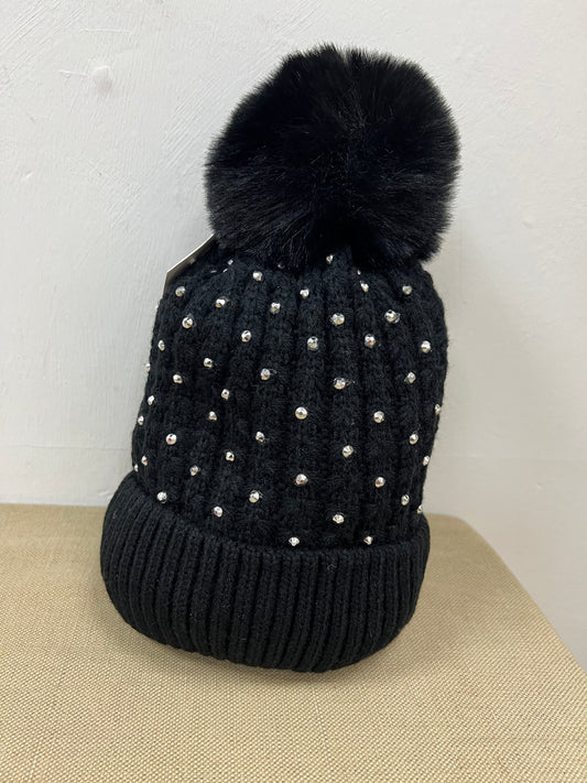 Diamante Pom Pom Hat - Black