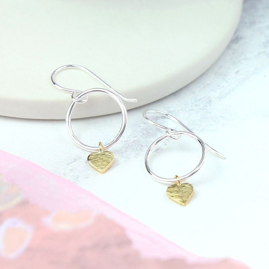 Peace Of Mind - Sterling Silver Two Tone Heart Drop Earrings