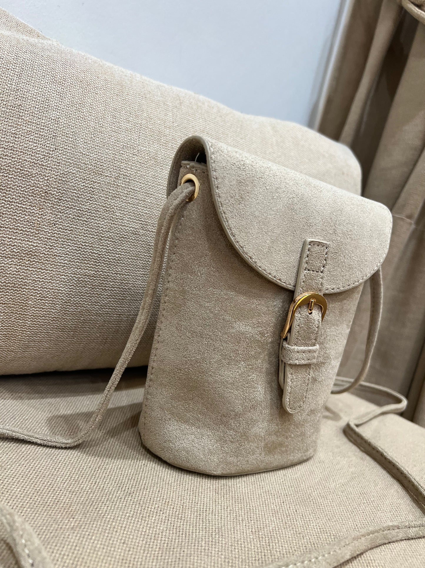 Faux Suede Bucket Crossbody Bag - Beige