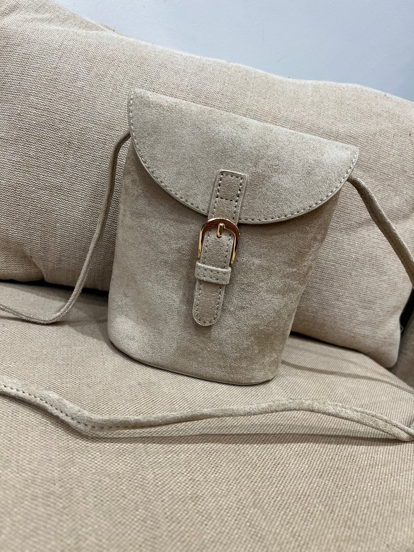 Faux Suede Bucket Crossbody Bag - Beige