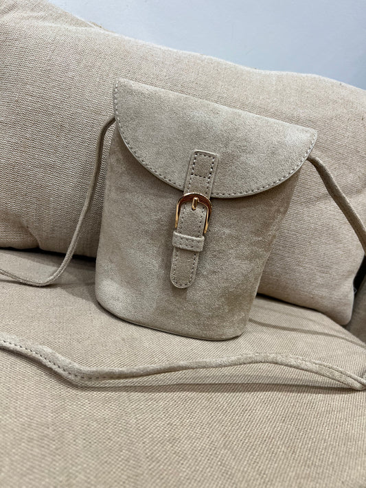 Faux Suede Bucket Crossbody Bag - Beige