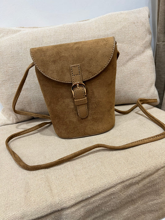 Faux Suede Bucket Crossbody Bag - Tan