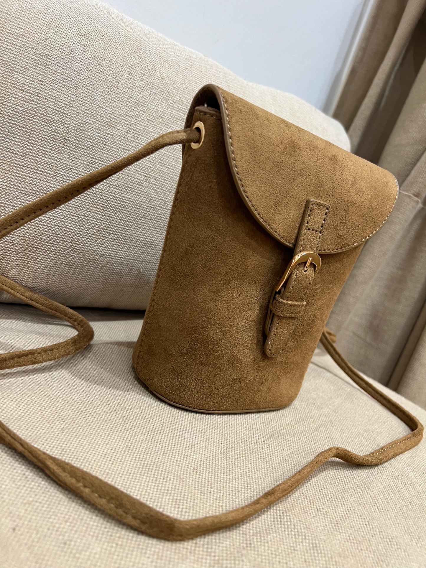 Faux Suede Bucket Crossbody Bag - Tan