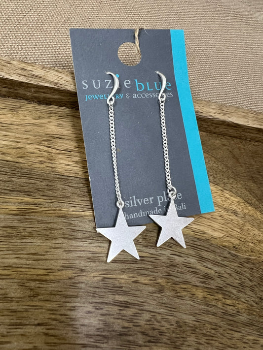 Suzie Blue Silver Plated Long Drop Star Earrings