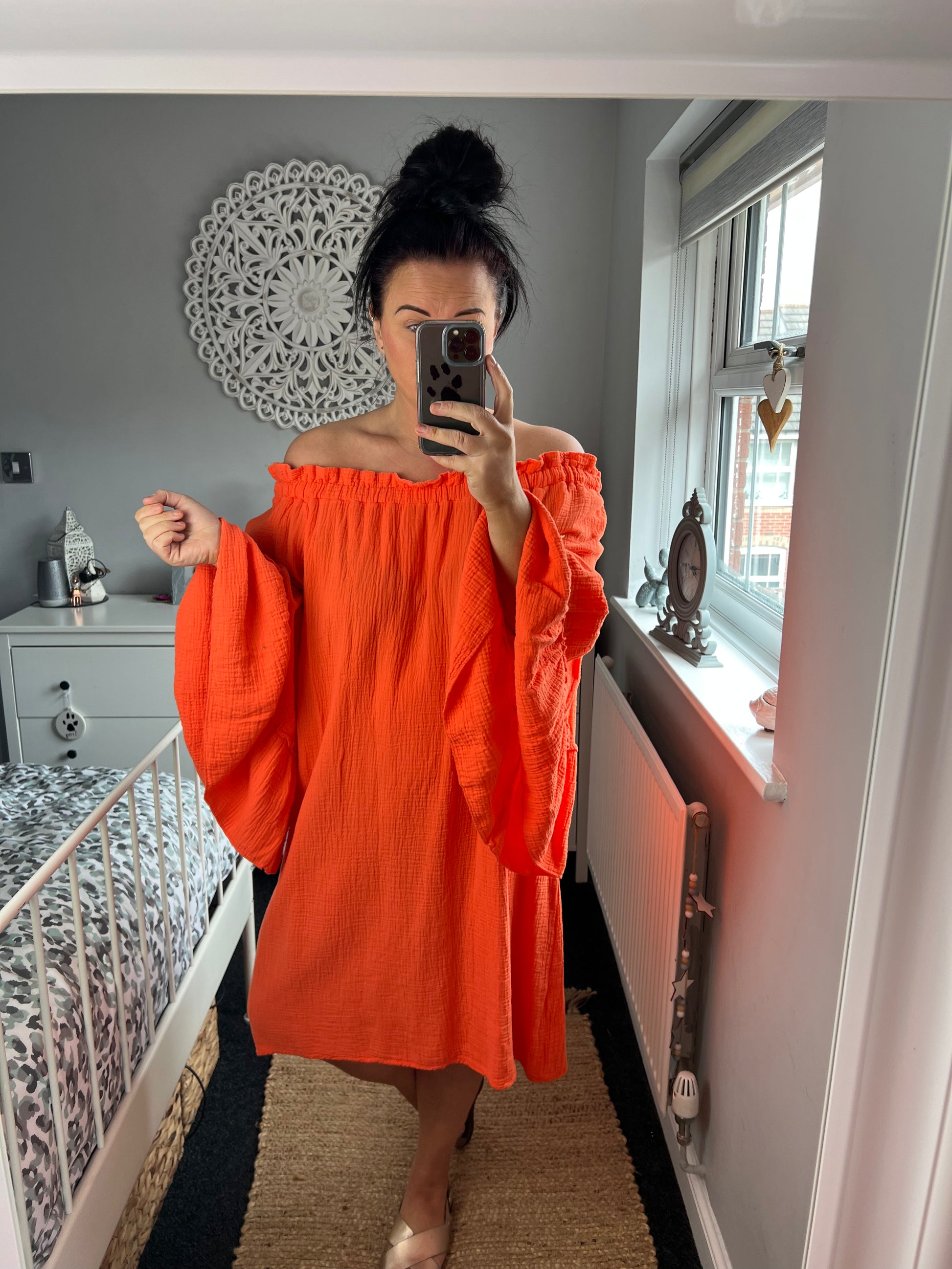 Orange hotsell bardot dress