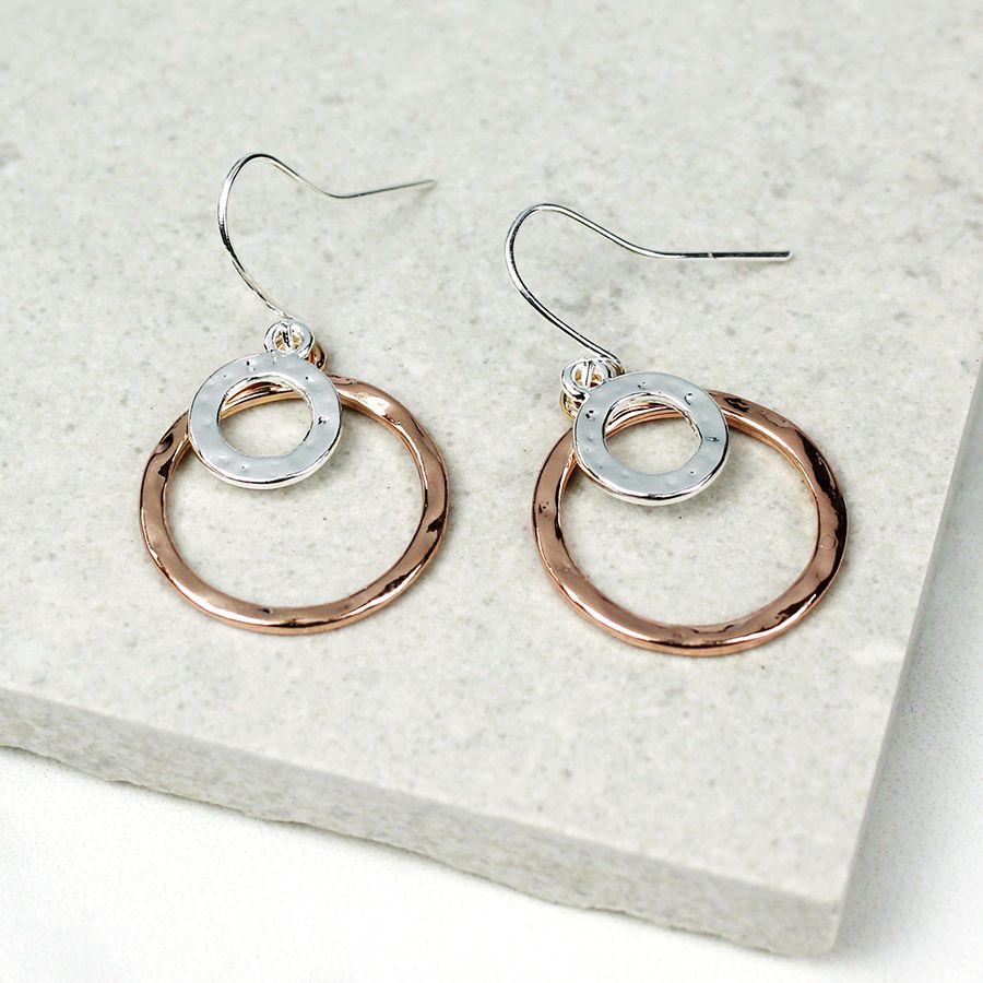 Peace Of Mind - Silver & Rose Gold Plated Circle Drop Earrings