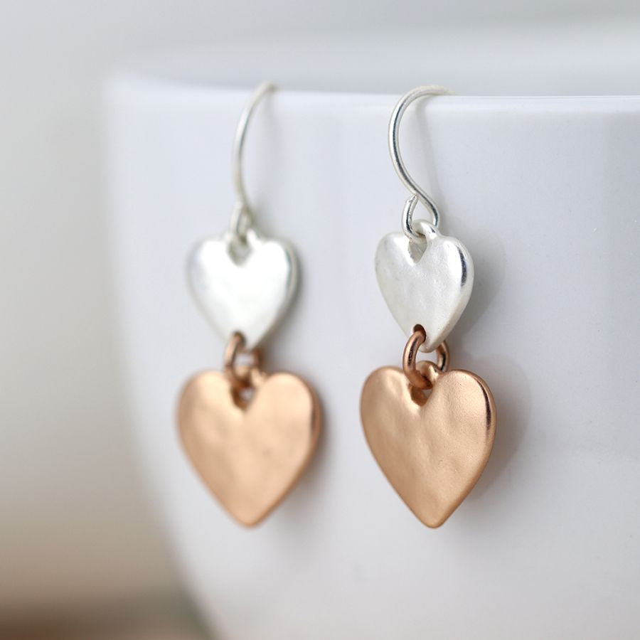 Peace Of Mind - Silver Plated Double Drop Heart Earrings